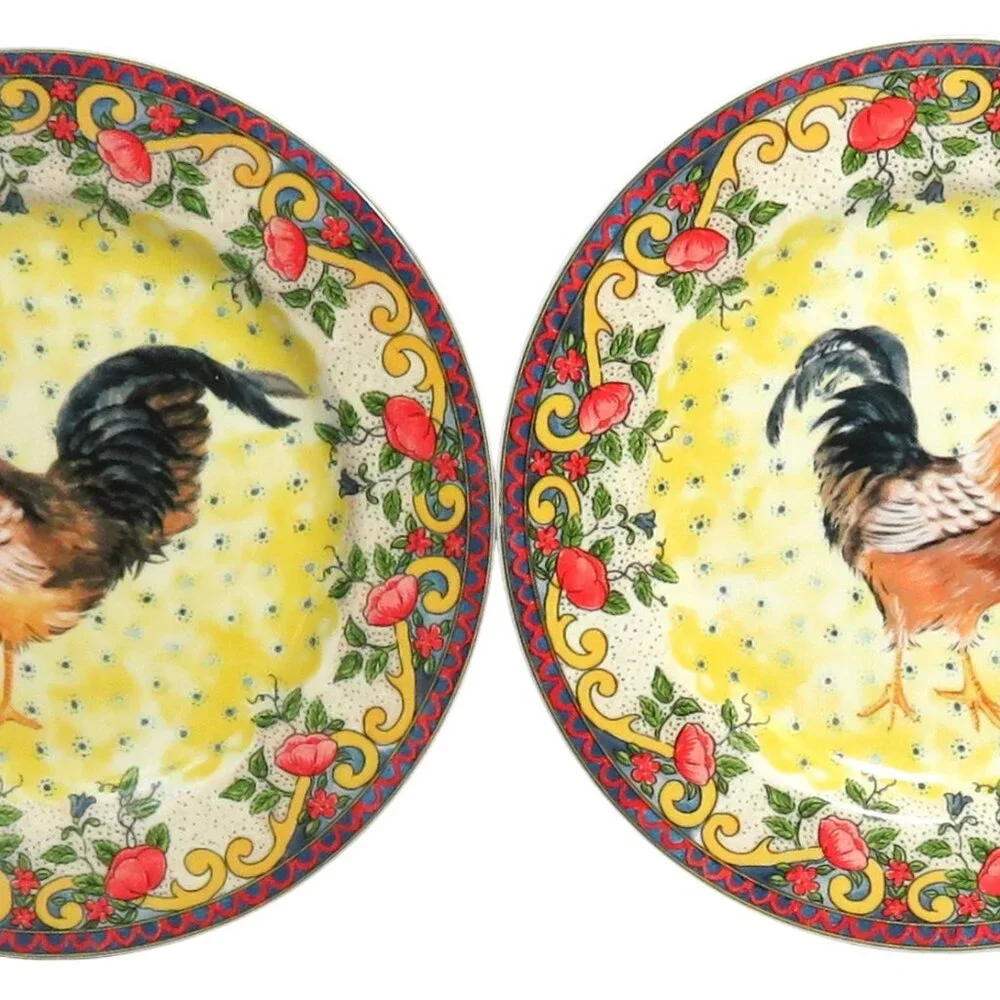 Set of 2 American Atelier Petite Provence 8 Inch Porcelain Rooster Salad Plates